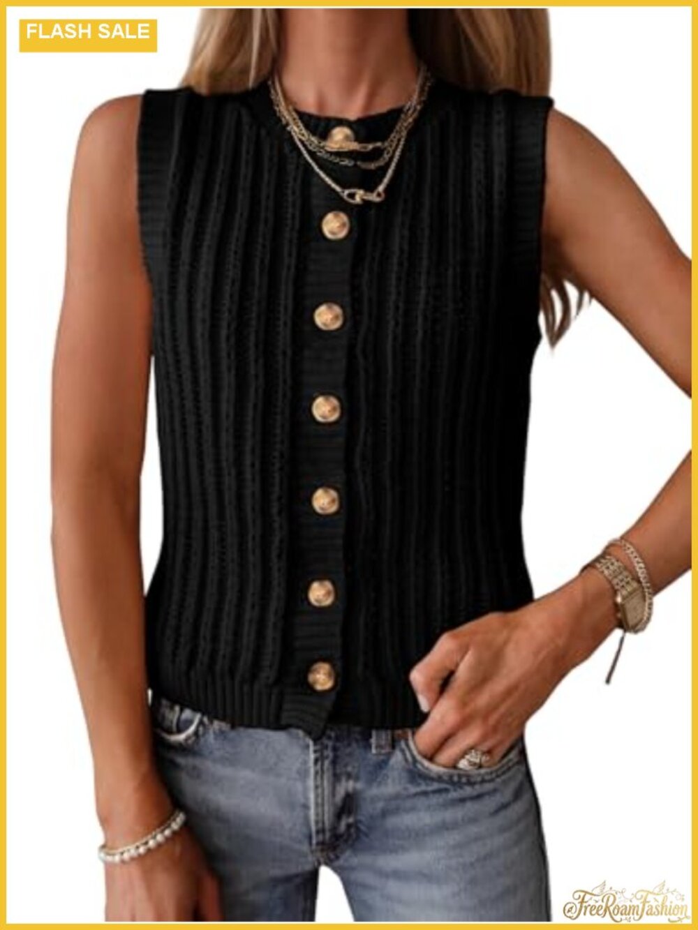 Sleeveless Crochet Knit Sweater Vest Button Down Cardigan Women's Boho